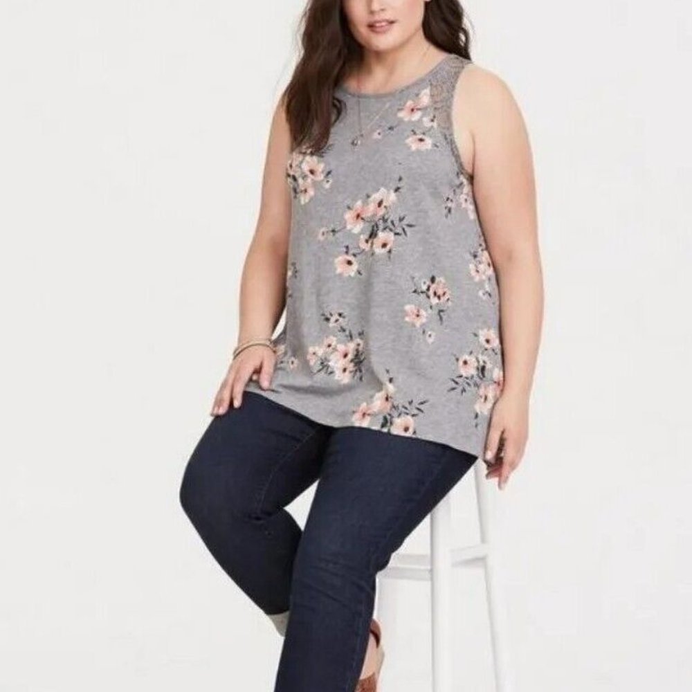 NWT Torrid Heritage Slub V-Neck Lace Inset Tank Top Hi-Low Hem Gray Floral 1